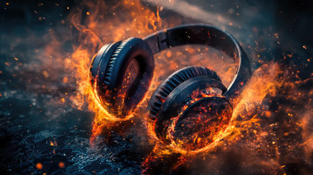 A pair of gaming headphones explode in a burst of fire and smoke, the device consumed by flames, representing extreme tech failure.の素材