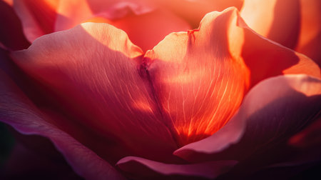 A close-up of a rose petals, with sunlight filtering through, creating a warm, glowing effect.の素材
