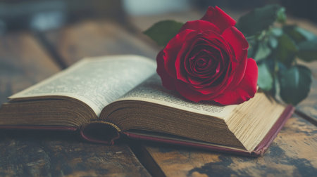 A red rose placed on an open book, symbolizing the romantic connection between literature and love.の素材