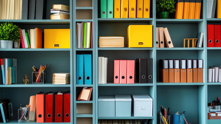 Wall of shelves filled with well-organized office essentials, demonstrating efficient storage and professional organization.の素材