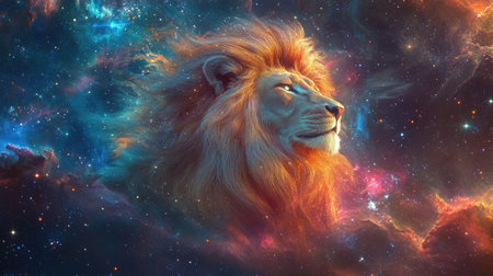 A cosmic interpretation of the Leo zodiac sign, highlighted by swirling nebulas and brilliant stars in the vastness of space.の素材