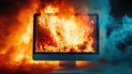 A computer monitor explodes with a burst of fire and smoke, the screen shattered as flames take over, symbolizing tech gone wrong.の素材