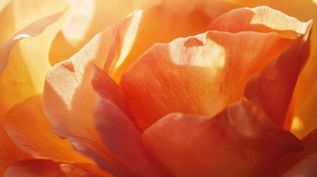A close-up of a rose petals, with sunlight filtering through, creating a warm, glowing effect.の素材