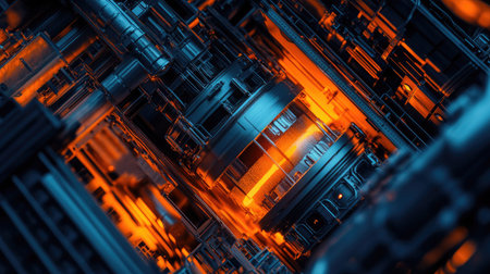 A detailed view of a nuclear reactor's core, highlighting the metal enclosure that ensures safety and containment.の素材