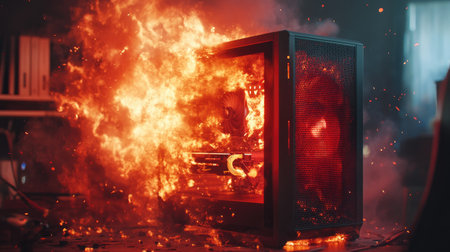 A gaming PC explodes in a burst of fire and smoke, the tower engulfed in flames, representing a catastrophic failure.の素材