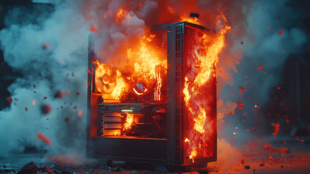 A gaming PC tower erupts in flames, thick smoke billowing out as the device is destroyed in an explosive malfunctionの素材