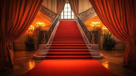 A luxurious red carpet leading up a grand staircase, flanked by elegant lights and rich curtains, creating a glamorous entrance.の素材