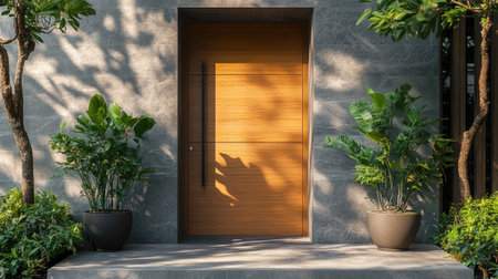 A modern wooden front door surrounded by potted plants, symbolizing a welcoming and natural home entrance.の素材