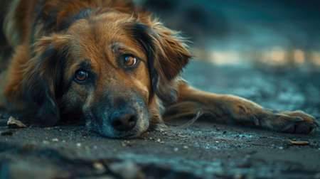 A dejected dog rests its head on its paws, eyes filled with sorrowful longing.の素材