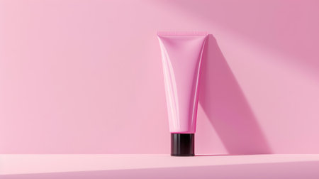 Capture simplicity: Minimalist pink cosmetic tube with black cap on pink background, a versatile packaging mockup for your creativityの素材