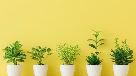 Beautiful plants in minimalist white pots against a pastel yellow background, leaving clear space at the bottom for textの素材