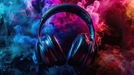 Immerse in sonic excellence with sleek headphones against a vibrant, abstract backdropの素材
