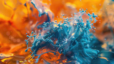 Journey through a realm of captivating visuals: Blue and orange liquids meld in exquisite detail, forming an enchanting spectacleの素材