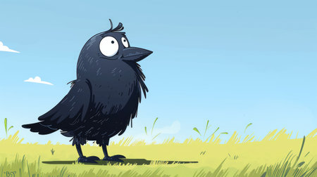 Cartoon black crow with a mischievous grin, standing on a grassy field, with a clear blue sky overhead.の素材