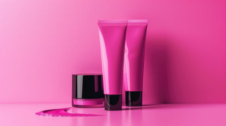 Unleash your brand's potential: Pink cosmetic tube mockup with black cap, providing a stylish canvas for your design ideasの素材