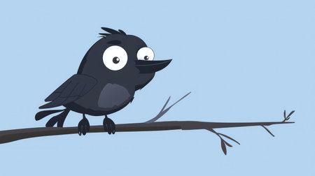 Cute cartoon black crow with a cheeky expression, perched on a tree branch, against a simple blue sky backgroundの素材