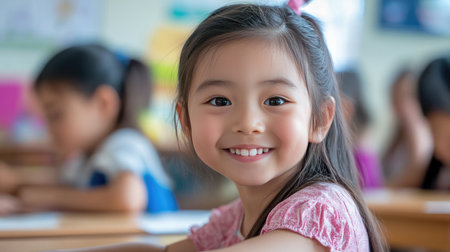 Candid portrait of an 8-year-old Asian girl in a classroom, smiling confidently at her desk.の素材