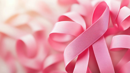 Glossy pink ribbon symbolizing breast cancer awareness month, arranged in a round pattern on an abstract background.の素材