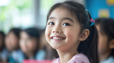 Joyful 8-year-old Asian girl sitting in a classroom, her bright smile showcasing her love for learningの素材