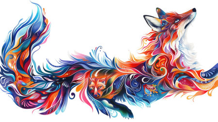 Fox silhouette intertwined with stunning bright colors and intricate, surreal designs, forming an abstract visual delightの素材