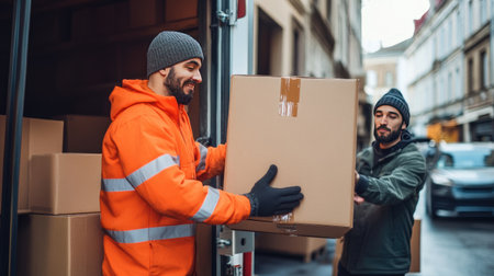 Workers loading cardboard boxes into a delivery truck. Online orders, warehouse logistics, e-commerce fulfillment.の素材