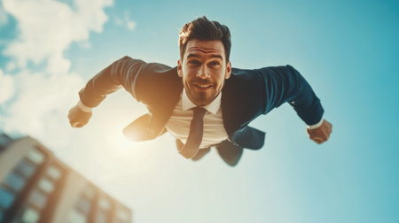 A confident businessman flies through the air, representing limitless potential and the pursuit of success.の素材