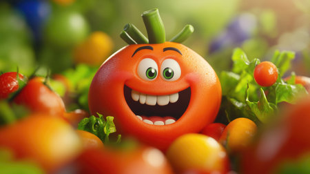 A happy cartoon vegetable radiates excitement, bringing joy and positivity in a playful and colorful setting.の素材