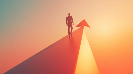 A 3D arrow stretching upwards with a man confidently walking on it, representing the journey towards career success and progress.の素材