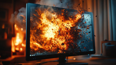 A computer monitor explodes with a burst of fire and smoke, the screen shattered as flames take over, symbolizing tech gone wrong.の素材