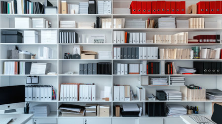 A well-stocked wall of shelves with office folders and essentials, representing effortless organization in a modern officeの素材