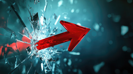 Dynamic 3D image of a red arrow breaking through a glass ceiling, illustrating the concept of achieving the impossible.の素材