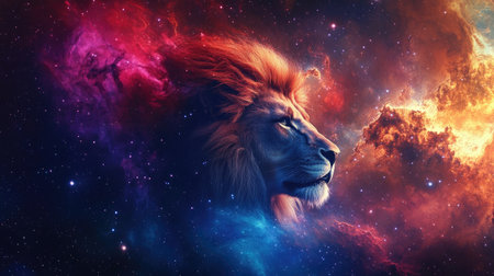 A majestic depiction of the Leo zodiac sign set against a backdrop of vibrant nebulas and distant stars in the cosmos.の素材
