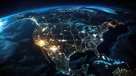 A futuristic digital representation of North America at night, featuring illuminated cityscapes and advanced technology integration across the continent.の素材