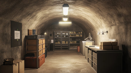 A secure, modern underground bunker filled with essential supplies, showcasing state-of-the-art protection.の素材