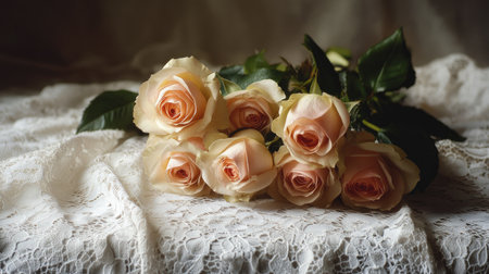 A bouquet of roses on a white lace tablecloth, evoking a sense of romance and elegance.の素材