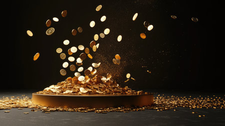 A podium is engulfed in a burst of gold coins, representing the explosive nature of success and wealth.の素材