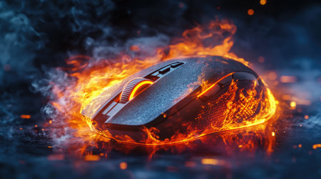 A gaming mouse erupts in flames and smoke, symbolizing a catastrophic malfunction in gaming tech.の素材