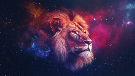 A majestic depiction of the Leo zodiac sign set against a backdrop of vibrant nebulas and distant stars in the cosmos.の素材