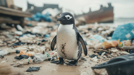 A cute penguin amid beach garbage, emphasizing the environmental impact of pollution on wildlifeの素材