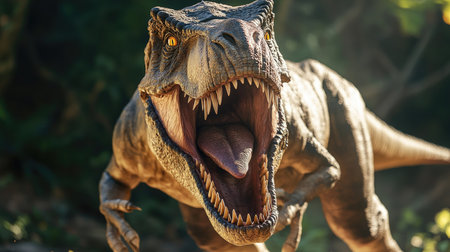 The powerful jaws of a Tyrannosaurus rex, roaring fiercely, embodying the terrifying might of this iconic dinosaur.の素材