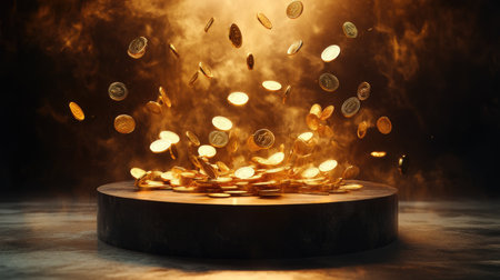 A podium erupts with gold coins, symbolizing explosive success and financial triumph, coins flying through the air.の素材