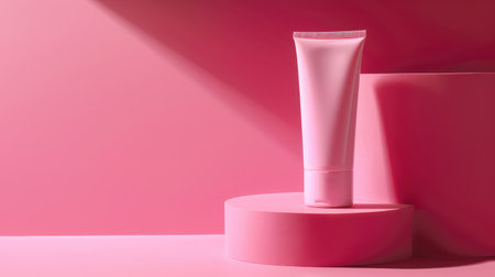 Redefined beauty: Pink minimalist cosmetic tube on pink background, an ideal packaging mockup for showcasing your product.の素材