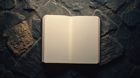 Open notebook lying flat with blank pages, set against a dark backdrop, ready for creative design or text insertion.の素材