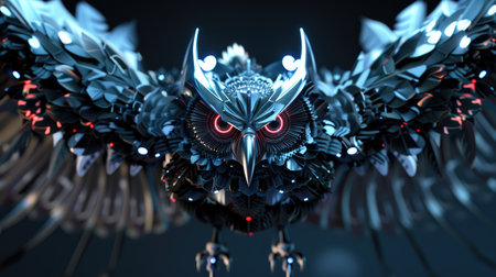 Battle-ready robot owl with retractable claws and night vision, set against a dark, futuristic backdrop.の素材