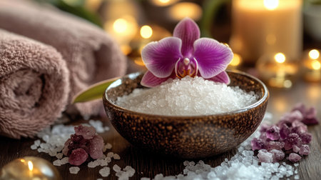 A beautiful spa display with a bowl of sea salt and an orchid flower. Aesthetic, elegance, luxury.の素材