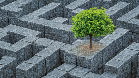 A lone tree emerging in a stone maze, its green leaves contrasting sharply with the gray stone walls surrounding it.の素材