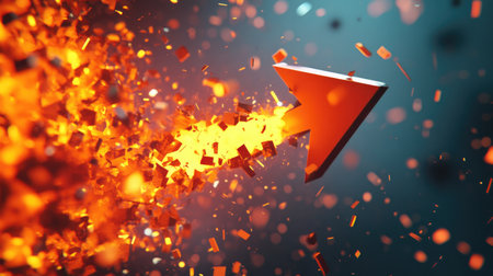 Original 3D illustration of an explosion simulation, featuring an arrow sign bursting through, symbolizing forceful progressの素材