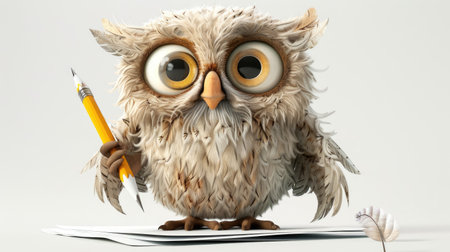 Playful cartoon owl with big, expressive eyes, holding a pencil and paper, ready for school.の素材