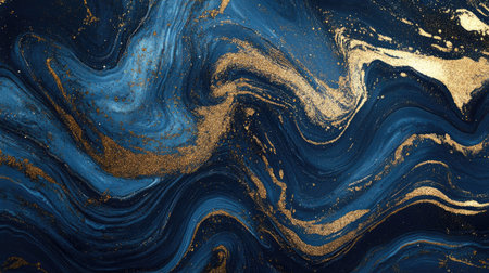 Luxurious abstract design with water and gold textures, featuring swirling blue and gold patterns, perfect for a sophisticated backdrop.の素材