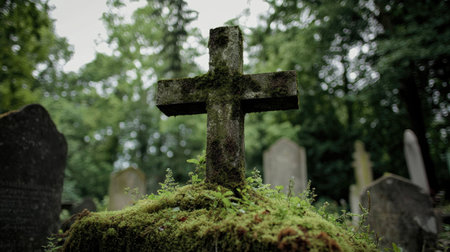 A low angle view of a moss-covered cross in a forgotten cemetery, with dense trees and tombstones in the background.の素材